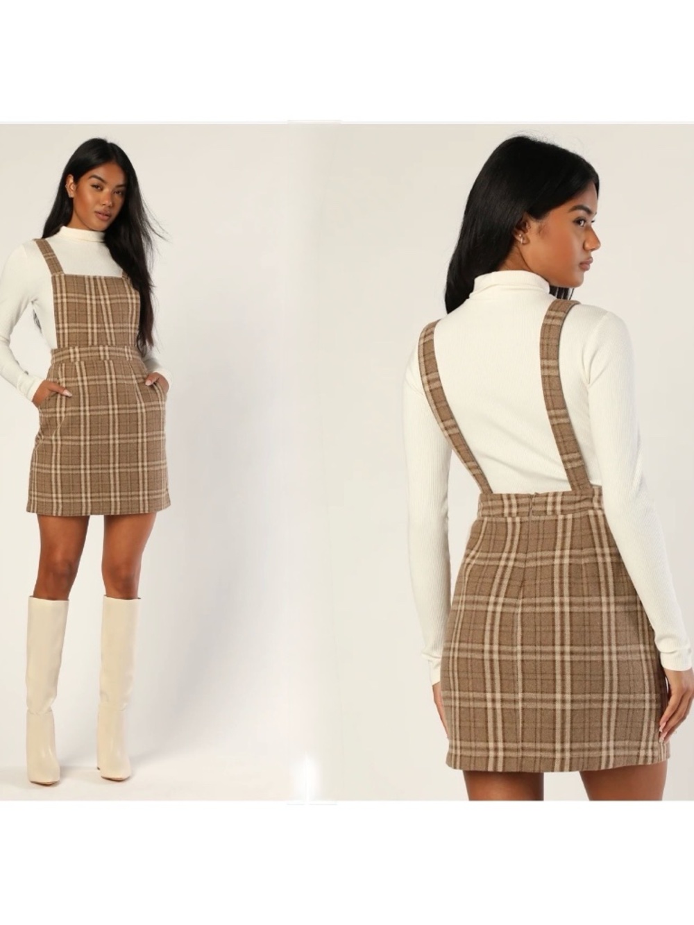 NWT Lulus Plaid to Be Yours Beige and Brown Plaid Pinafore Mini Dress S